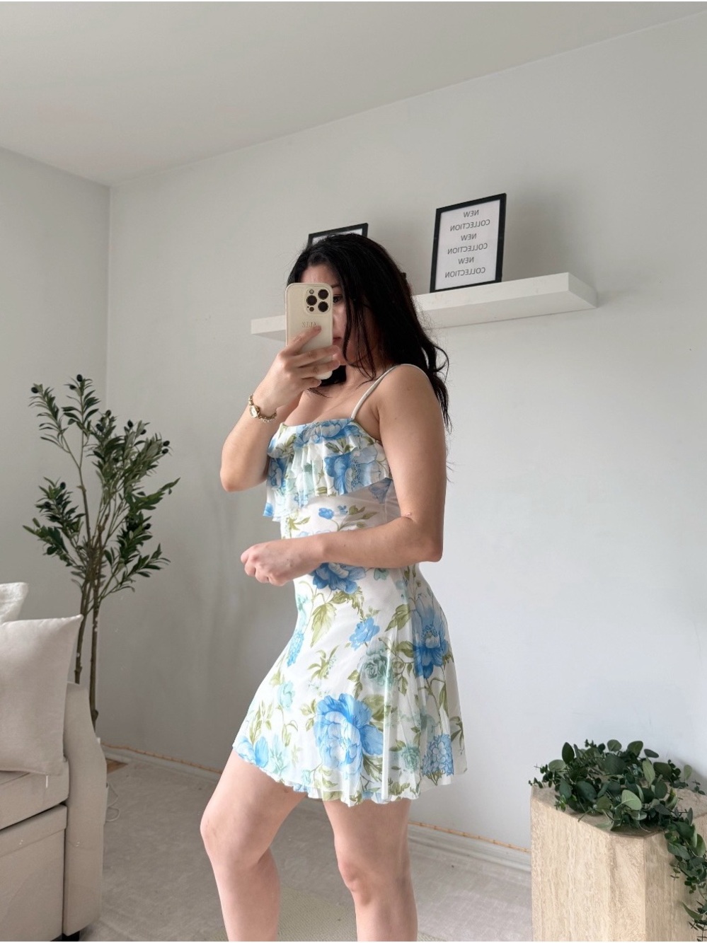 Blue Floral Ruffle Spaghetti-Strap Mini Dress